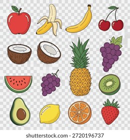 Esta Imagen presenta una ilustración colorida de varias frutas frescas. Incluye una manzana, plátano, coco, cereza, aguacate, uva, piña, sandía, kiwi, limón, naranja y fresa. Cada fruta se representa de una manera vibrante y detallada, lo que la convierte en una atractiva representación visual de frutas saludables y nutritivas.