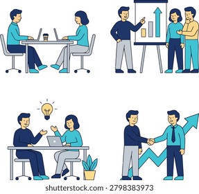 This image features a colorful illustration of business professionals in different scenarios, including meetings, presentations, and discussions, showcasing teamwork and collaboration in a modern offi