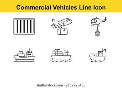 This image features commercial, vehicles, line icon, cargo plane, helicopter, container ship, transport container, shipping. Commercial Vehicles Line Icon Set
