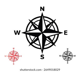 This image features a compass rose in black, with additional variations in red and gray. It indicates the cardinal directions.