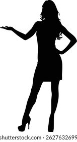 Esta imagem apresenta uma silhueta completa de uma mulher elegante, mostrando ou apresentando algo. A figura se ergue graciosamente, com um braço se estendendo para fora em um gesto.