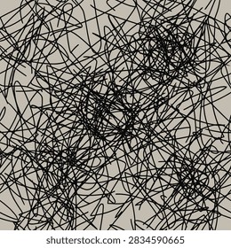 This image features a complex and chaotic arrangement of overlapping black ink lines creating a dense, hand-drawn texture. The composition is uniform and repetitive, resembling a continuous pattern of messy scribbles or tangled threads. The contrast between the dark, jagged lines and the soft, muted beige background creates a stark visual impact suitable for abstract design projects