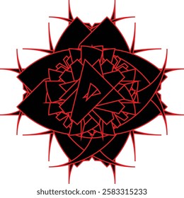 This image features a complex geometric design with a symmetrical structure, resembling a black rose with red outlines. The interior consists of layered angular shapes and sharp lines.