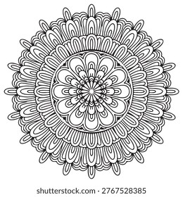 This image features a complex, radially symmetrical mandala pattern rendered in sharp black lines against a plain white background. The design consists of multiple concentric layers, starting with a central floral motif that expands outward into elaborate petal-like shapes and scalloped geometric borders, creating a meditative and artistic visual experience suitable for therapeutic coloring.