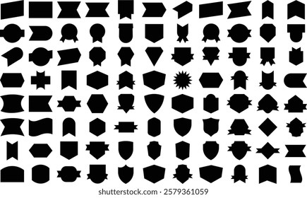 This image features a comprehensive collection of various black silhouette shapes, perfect for creating logos, badges, awards, or other graphic design elements.