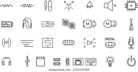 Esta Imagen presenta una colección completa de iconos de contorno que representan varios componentes electrónicos, símbolos científicos y dispositivos tecnológicos. El estilo minimalista de arte lineal representa elementos como resistencias, baterías, auriculares, puertos USB, microchips, motores y equipos de audio, ilustrando un amplio espectro de tecnología moderna y conceptos científicos.