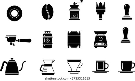 This image features a comprehensive collection of black silhouette icons representing various coffee brewing tools and accessories, essential for coffee preparation.