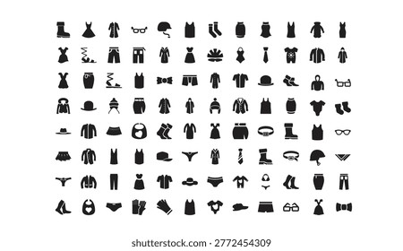This image features a comprehensive collection of clothing and accessory icons, meticulously arranged in rows on a clean white background. The icons represent a wide range of fashion items, from everyday apparel like shirts, pants, and dresses to accessories such as hats, glasses, jewelry, and shoes. The black icons stand out against the plain white backdrop, making it easy to distinguish between the various items. This image appears to be a catalog or reference sheet for designers, marketers, or anyone in need of a visual inventory of fashion-related icons.