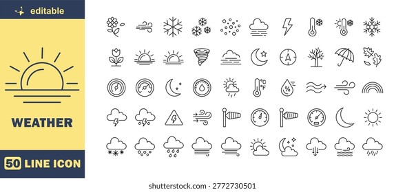 This image features a comprehensive collection of 50 line icons representing various weather conditions and symbols. The icons are arranged in a clean and organized manner on a white background, making it easy to visualize and understand the different types of weather and climate-related graphics. The icons include symbols for sunny, cloudy, rainy, snowy, and windy conditions, as well as more specific weather phenomena like lightning, hail, and storms. The image is presented in a simple black and white color scheme, allowing for easy editing and customization for various design applications.