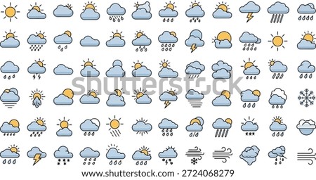 This image features a comprehensive collection of weather icons, including symbols for various weather conditions such as sunny, cloudy, rainy, snowy, and windy. The icons are arranged in rows on a clean white background, making them easily recognizable and versatile for use in weather forecasts, climate reports, and graphic design projects. The icons are illustrated in a simple yet distinctive style, with a palette of blue, yellow, and black colors.