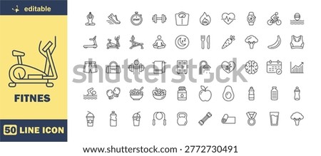 This image features a comprehensive collection of 50 line icons focused on fitness and exercise. The icons are neatly arranged on a clean white background, making it easy to visualize and identify various fitness-related concepts. The icons cover a wide range of topics including exercise equipment, food and drink, sports, and health metrics. The image appears to be a design asset for those creating fitness-related content, such as websites, apps, or marketing materials.