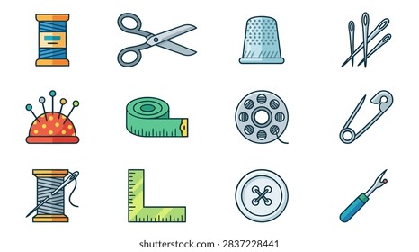 This image features a comprehensive set of flat vector icons representing essential sewing and tailoring equipment. The collection includes items such as thread spools, sharp scissors, a protective thimble, sewing needles, a pin cushion, a measuring tape, a bobbin, a safety pin, a ruler, a button and a seam ripper. Each icon is rendered with clean lines and vibrant colors against a plain background, creating a professional and organized visual presentation suitable for craft-related projects