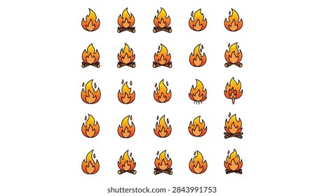 This image features a comprehensive set of twenty-five stylized campfire and flame icons arranged in a five-by-five grid. Each icon is rendered in a vibrant orange and yellow gradient with bold black outlines, depicting various stages and shapes of fire. Some icons include crossed wooden logs at the base to represent a traditional campfire, while others focus solely on the flickering flame. The clean, minimalist design makes these illustrations ideal for camping, outdoor adventure, or energy-themed projects.