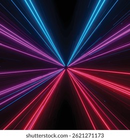 This image features converging beams of neon light—blue on the left and pink on the right—rushing toward a central vanishing point, creating a dynamic, futuristic tunnel effect with a strong sense of 