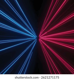 This image features converging beams of neon light—blue on the left and pink on the right—rushing toward a central vanishing point, creating a dynamic, futuristic tunnel effect with a strong sense of 