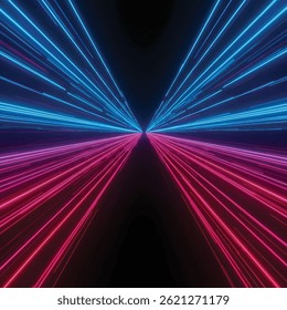 This image features converging beams of neon light—blue on the left and pink on the right—rushing toward a central vanishing point, creating a dynamic, futuristic tunnel effect with a strong sense of 