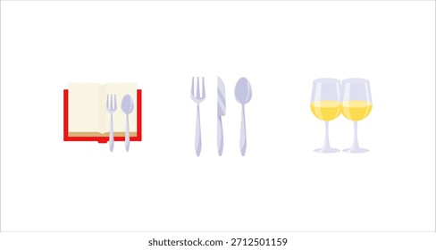 Dieses Bild zeigt ein Kochbuch, Besteck und zwei Gläser Wein, perfekt für kulinarische oder gastronomische Konzepte