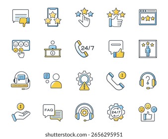 Esta Imagen cuenta con Servicio al cliente, Asistencia al cliente, conjunto de iconos, íconos, Comentarios, calificaciones, comunicación, Asistencia. Conjunto de iconos de Servicio al cliente y Asistencia con Comentarios de calificaciones y símbolo de comunicación