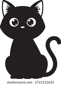 Esta imagem apresenta um gato preto bonito sentado com olhos largos e acentos brancos nos ouvidos, cauda e nariz. Este animal parece curioso sobre um fundo transparente.