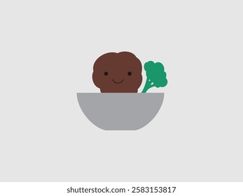 This image features a cute cartoon meatball character in a gray bowl