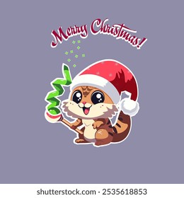 This image features a cute squirrel in a Santa hat holding a festive green party horn, with a joyful expression. Above it, the text "Merry Christmas!" is written in a fun, celebratory font, adding to 