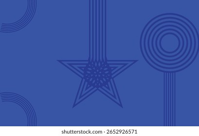 This image features dark blue geometric patterns, including concentric circles, a star, and various lines, all set against a solid blue background.