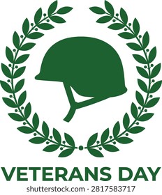 This image features a dark green silhouette of a military helmet encircled by a laurel wreath, presented as a vector illustration on a white background.