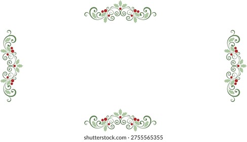 This image features a decorative and festive floral border designed with detailed holly leaves and vibrant red berries, creating a classic holiday-themed visual element. The composition includes swirling vines and intricate foliage detailing, giving the design an elegant and ornamental appearance that enhances its decorative appeal. The combination of rich green leaves and bright red berries reflects traditional seasonal colors, making the border suitable for Christmas and winter-themed creative projects. This illustration is ideal for use in invitations, greeting cards, page frames, festive banners, social media graphics, and decorative layouts, providing a refined and visually engaging frame for text or imagery. The flowing vine structure adds movement and sophistication, while the detailed foliage ensures a high-quality and polished look across various formats. This design is commonly available as a royalty-free vector graphic or as a machine embroidery pattern, allowing for versatile use in both digital design and textile applications such as fabric decoration, apparel, or home décor. Its scalable format ensures clarity and precision when resized, making it suitable for both small and large-scale projects without losing detail. Designers, content creators, and crafters can use this floral border to enhance holiday-themed compositions, create elegant invitations, or add decorative framing to seasonal content. The intricate detailing and balanced arrangement of holly elements provide a harmonious composition that draws attention without overwhelming the main content. This festive border is well-suited for professional and personal use, offering a timeless aesthetic that blends traditional holiday motifs with modern art versatility. The swirling vines and layered foliage create depth and dimension, making the illustration visually dynamic while maintaining a clean and structured layout. Its adaptability allows it to complement a wide range of art styles.