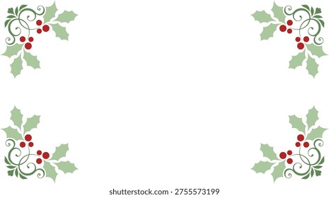 This image features a decorative festive border graphic composed of four elegant corner arrangements set against a clean white background, creating a refined and visually balanced frame for creative projects. Each corner is designed with stylized holly leaves in soft green tones, paired with bright red berries that add a vibrant seasonal accent and enhance the overall festive theme. The foliage is further complemented by delicate black swirling scrollwork, introducing an ornamental and sophisticated touch that elevates the design beyond simple botanical decoration. The combination of holly elements and intricate scroll patterns creates a harmonious blend of traditional holiday symbolism and decorative artistry, making the frame suitable for a wide range of seasonal and formal applications. This border design is ideal for use in Christmas greeting cards, invitations, certificates, festive announcements, social media graphics, digital presentations, and holiday-themed layouts, offering a versatile and visually appealing solution for both personal and commercial projects. The corner-based composition keeps the central area open and uncluttered, allowing text, images, or custom content to remain the focal point while being elegantly framed by the decorative elements. The light green leaves and vivid red berries provide contrast and visual interest, while the black scrollwork adds depth, movement, and a sense of refinement. Designers and content creators can use this graphic to enhance layouts, create elegant printed materials, or develop engaging digital content that reflects holiday spirit and ornamental charm. The clean white background ensures easy integration into various design workflows, allowing seamless placement in layered compositions or standalone use. The image is typically available in high-quality vector or PNG formats, ensuring scalability, clarity, and ease of customization without loss of detail. This festive holly corner border embodies elegance, seasonal warmth, and ornamental.