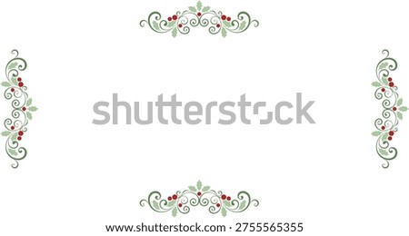 This image features a decorative and festive floral border designed with detailed holly leaves and vibrant red berries, creating a classic holiday-themed visual element. The composition includes swirling vines and intricate foliage detailing, giving the design an elegant and ornamental appearance that enhances its decorative appeal. The combination of rich green leaves and bright red berries reflects traditional seasonal colors, making the border suitable for Christmas and winter-themed creative projects. This illustration is ideal for use in invitations, greeting cards, page frames, festive banners, social media graphics, and decorative layouts, providing a refined and visually engaging frame for text or imagery. The flowing vine structure adds movement and sophistication, while the detailed foliage ensures a high-quality and polished look across various formats. This design is commonly available as a royalty-free vector graphic or as a machine embroidery pattern, allowing for versatile use in both digital design and textile applications such as fabric decoration, apparel, or home décor. Its scalable format ensures clarity and precision when resized, making it suitable for both small and large-scale projects without losing detail. Designers, content creators, and crafters can use this floral border to enhance holiday-themed compositions, create elegant invitations, or add decorative framing to seasonal content. The intricate detailing and balanced arrangement of holly elements provide a harmonious composition that draws attention without overwhelming the main content. This festive border is well-suited for professional and personal use, offering a timeless aesthetic that blends traditional holiday motifs with modern art versatility. The swirling vines and layered foliage create depth and dimension, making the illustration visually dynamic while maintaining a clean and structured layout. Its adaptability allows it to complement a wide range of art styles.