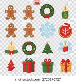 Esta imagem apresenta uma variedade deliciosa de ícones temáticos de feriado. Inclui homens de gengibre, grinaldas, flocos de neve, velas, árvores de Natal e caixas de presente, tudo organizado em um padrão festivo. Os ícones são vibrantes e capturam o espírito da temporada de férias com seus designs tradicionais e alegres.