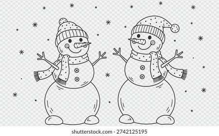 This image features a delightful black and white illustration of two snowmen standing together, adorned with hats, scarves, and sticks for arms, set against a snowy background with scattered stars.
