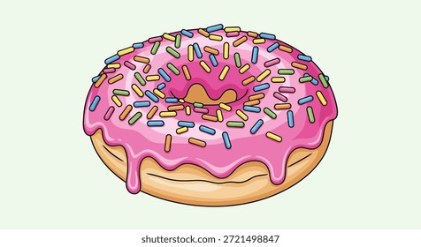 Esta imagem apresenta uma delícia rosquinha de desenho animado coberto de glacê rosa e salpicos coloridos vibrantes, criando um doce e tentador deleite. O esmalte açucarado goteja pela lateral da massa,