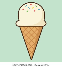 This image features a delightful cartoon illustration of a single ice cream cone, set against a soft green background. The cone is adorned with a generous scoop of creamy vanilla ice cream, topped with a medley of colorful sprinkles in red, blue, yellow, and green hues. The illustration is playful, whimsical, and sure to evoke feelings of joy and nostalgia. The simple yet effective design makes it perfect for use in various contexts, such as advertising, marketing materials, or even as a decorative element in a digital project.