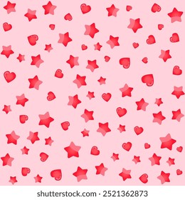 This image features a delightful pattern of hearts and stars, with red shapes scattered across a soft pink background. 
