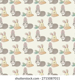 Esta Imagen presenta un patrón delicioso y repetitivo de conejitos de estilo de dibujos animados que sostienen zanahorias. Los conejos están ilustrados en varios tonos de marrón y beige, con orejas rosadas y caras expresivas. Cada conejito sostiene una zanahoria naranja brillante, agregando un toque de color a la paleta neutral. El fondo es de un color crema claro, que realza el encanto y el capricho del diseño. Este patrón es perfecto para artículos decorativos, papelería o productos para niños.