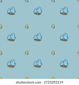 Esta Imagen presenta un patrón delicioso y repetitivo de pájaros azules posados en nidos marrones. Los pájaros tienen picos y patas amarillos, añadiendo un toque de color contra el fondo azul claro. El patrón es simétrico y crea un efecto calmante y armonioso.