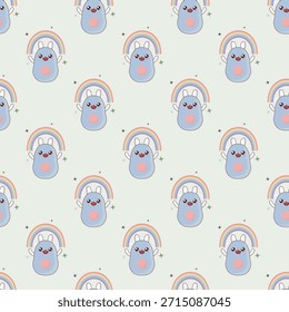 This image features a delightful and whimsical pattern of sheep with pink noses and white halos, each accompanied by a colorful rainbow. The sheep are evenly spaced and arranged in a repeating, symmetrical design against a light background. The overall theme is cheerful and whimsical, perfect for a playful and lighthearted setting.