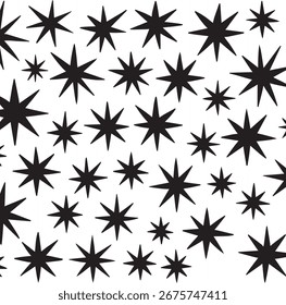 This image features a dense, repeating pattern of black starburst shapes. The stars vary in size, creating a dynamic and visually interesting texture across the white surface.