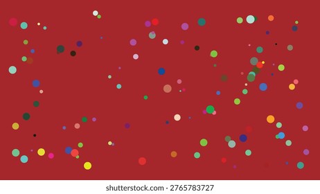 This image features a dense scattering of small, multicolored dots in various hues spread across a solid, deep red background. The dots vary in size and color, creating a lively and dynamic visual.
