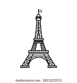 This image features a depiction of the eiffel tower, rendered as a black and white silhouette. The style is a simple line drawing, with a flat, isolated presentation against a white background. The silhouette style emphasizes the tower’s iconic shape.