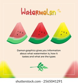 This image features a design showcasing three slices of watermelon in a row, each with a unique appearance.All three watermelons are depicted as triangular slices, with a curved green rind at the bott