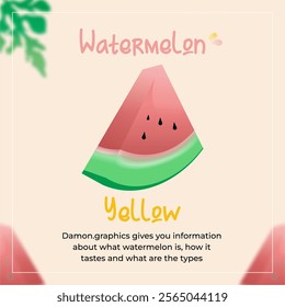 This image features a design showcasing three slices of watermelon in a row, each with a unique appearance. All three watermelons are depicted as triangular slices, with a curved green rind at the bot