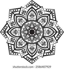 This image features a detailed black and white mandala design. Mandalas are geometric patterns that hold significant symbolic meaning in various cultures, especially in Hinduism and Buddhism.