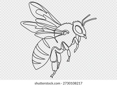 Dieses Bild zeigt eine detaillierte schwarze Linienzeichnung einer Biene im Mittelflug mit ihren Flügeln, ihrem Körper und ihren Gesichtszügen. Die Biene ist auf transparentem Hintergrund mit einem subtilen grauen Schachbrettmuster dargestellt, das dem Gesamtdesign einen Hauch von Einfachheit und Eleganz verleiht.