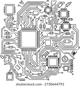 Esta imagem apresenta um contorno detalhado em preto e branco de uma placa de circuito eletrônico, mostrando microchips e componentes interconectados. Ideal para ilustrar conceitos em tecnologia, computação e engenharia. Perfeito para sites, apresentações, materiais educacionais e publicidade relacionados à inovação, dados ou soluções digitais.