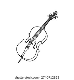 This image features a detailed black and white line drawing of a cello, showcasing its distinct curved body, four strings, and fine tuning pegs. The cello is oriented vertically, emphasizing its elegant and intricate design, commonly used in classical music performances.