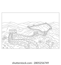 This image features a detailed black and white line drawing of the Great Wall of China, illustrating its winding path across rugged mountains and valleys.