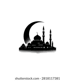 This image features a detailed black silhouette of a mosque, complete with minarets and a central dome. Above the structure, a crescent moon adds a symbolic element against the plain white background. The composition utilizes simple shapes, offering potential for various graphic design projects and editorial content.