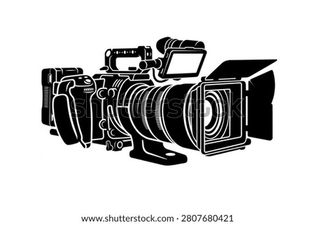 This image features a detailed black silhouette icon of a professional cinema or broadcast video camera. It is equipped with a large lens, matte box, and monitor, representing high-quality filmmaking, television production, and professional media capture equipment.
